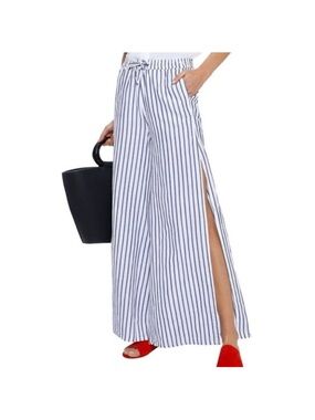 Onia Striped Wide-Leg Split-Front Pants - White/Navy